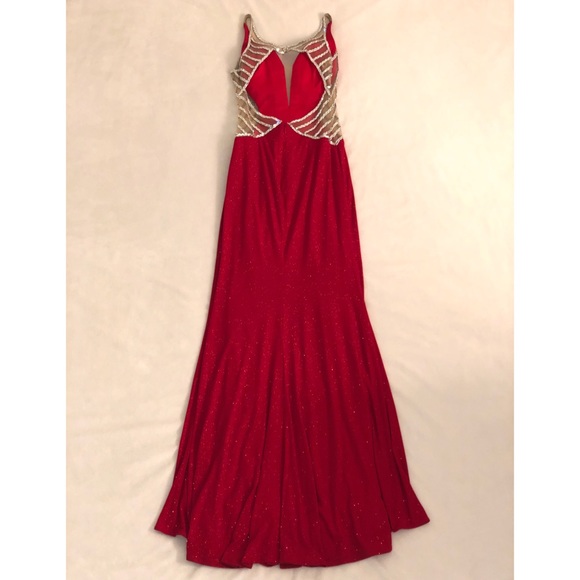 Red Jeweled Open Legged Long Prom Dress - Picture 6 of 8